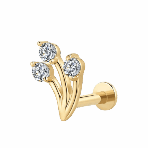 14K Solid Gold Triple CZ Cluster Internally Threaded Piercing Jewelry