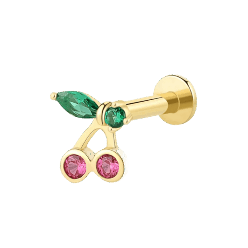 14K Solid Gold Cherry-Shaped Threadless Labret Stud with Red and Green CZ Stones
