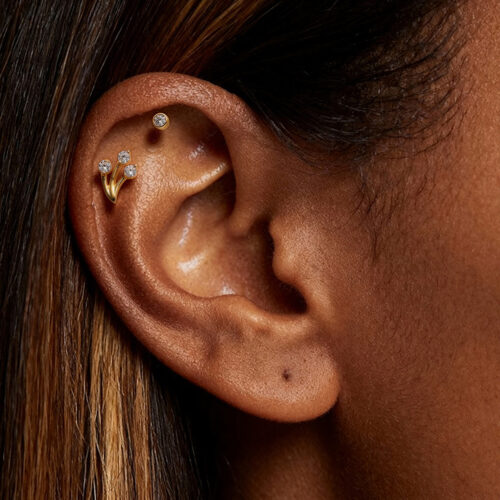 14K Solid Gold Triple CZ Cluster Internally Threaded Piercing Jewelry