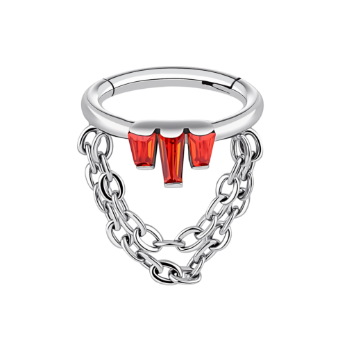 Crimson Chain Drop Clicker – Baguette CZ & Dual Chain Hinged Ring