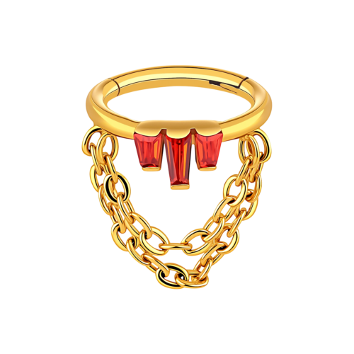 Crimson Chain Drop Clicker – Baguette CZ & Dual Chain Hinged Ring