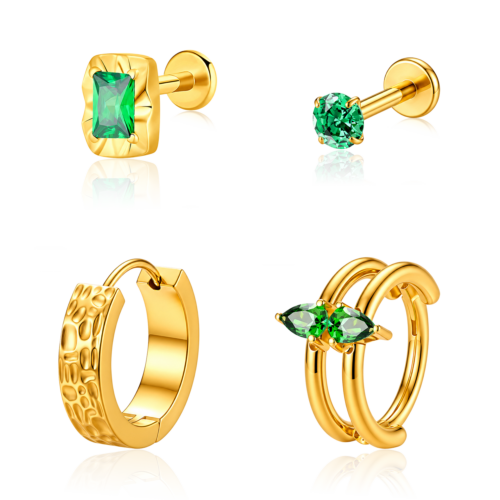 Titanium Gold-Tone Ear Piercing Set with Emerald-Green CZ – Assorted Designs